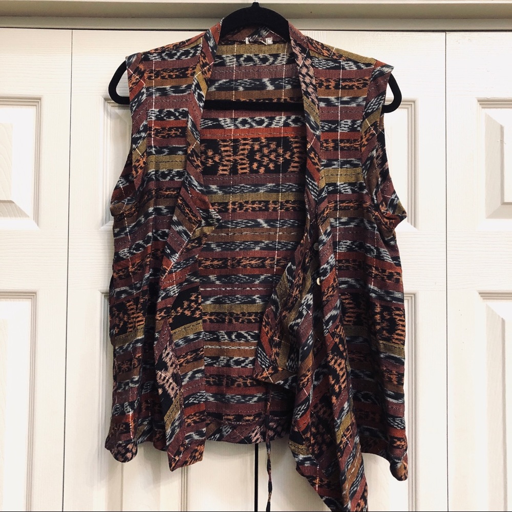 Matta Womens Wrap Cotton Ikat Textured Weave Brown Lurex Vest Sz M With Pockets